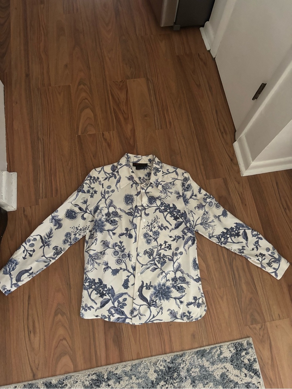 Nina Mclemore Women's Cream and blue button up with Blue Floral Print 100% silk
